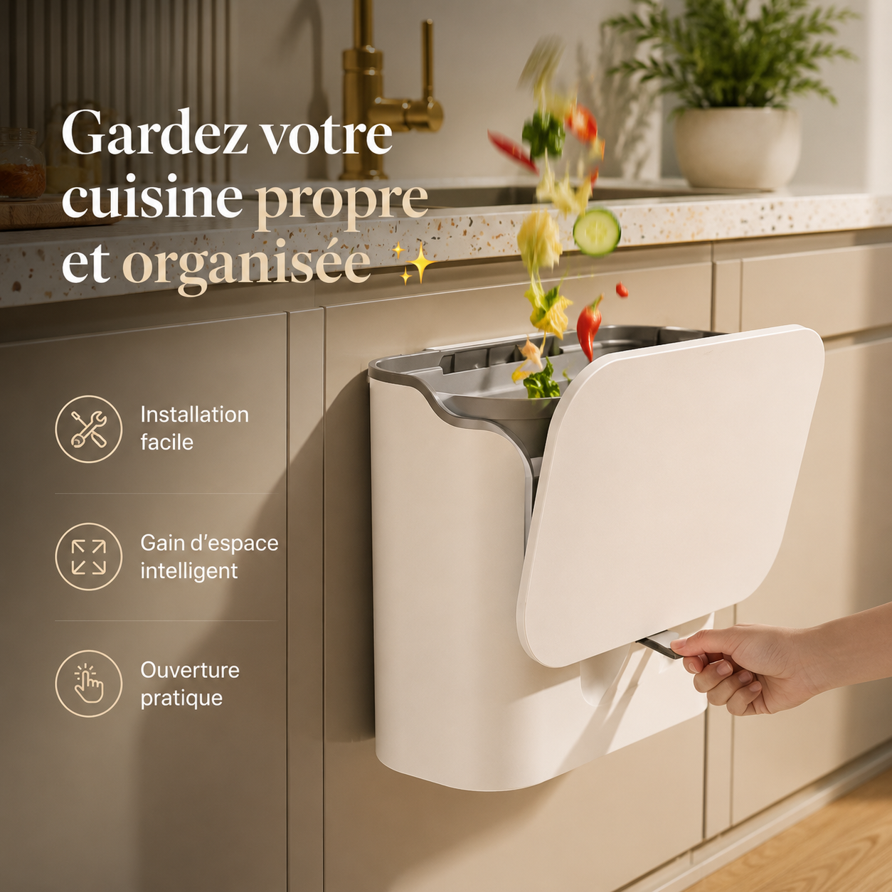 Poubelle murale avec couvercle coulissant – Poubelle de cuisine verticale sans besoin de se pencher