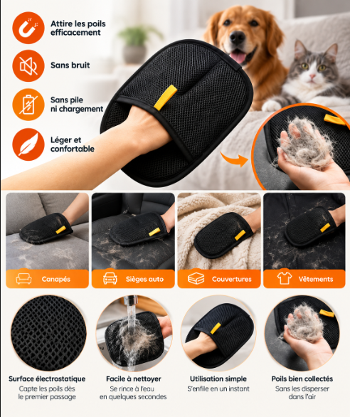 Gant électrostatique double face pour l'épilation des poils d'animaux.