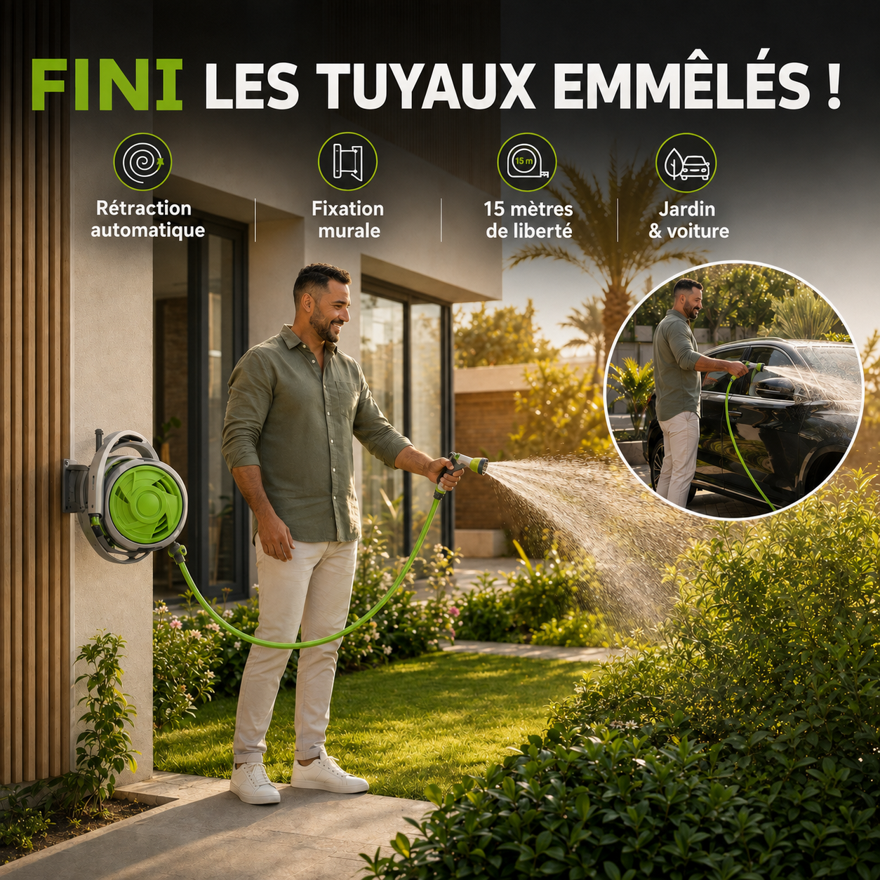 Tuyau d'arrosage rétractable avec fixation murale - 15 mètres