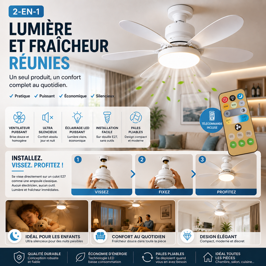 Ventilateur de Plafond LED 2-en-1 | Silencieux & Économique - filtage