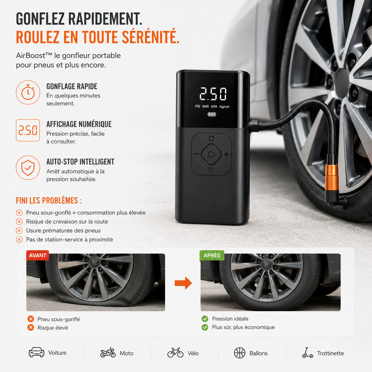 AirBoost™ – Compresseur d’Air Sans Fil Intelligent & Portable
