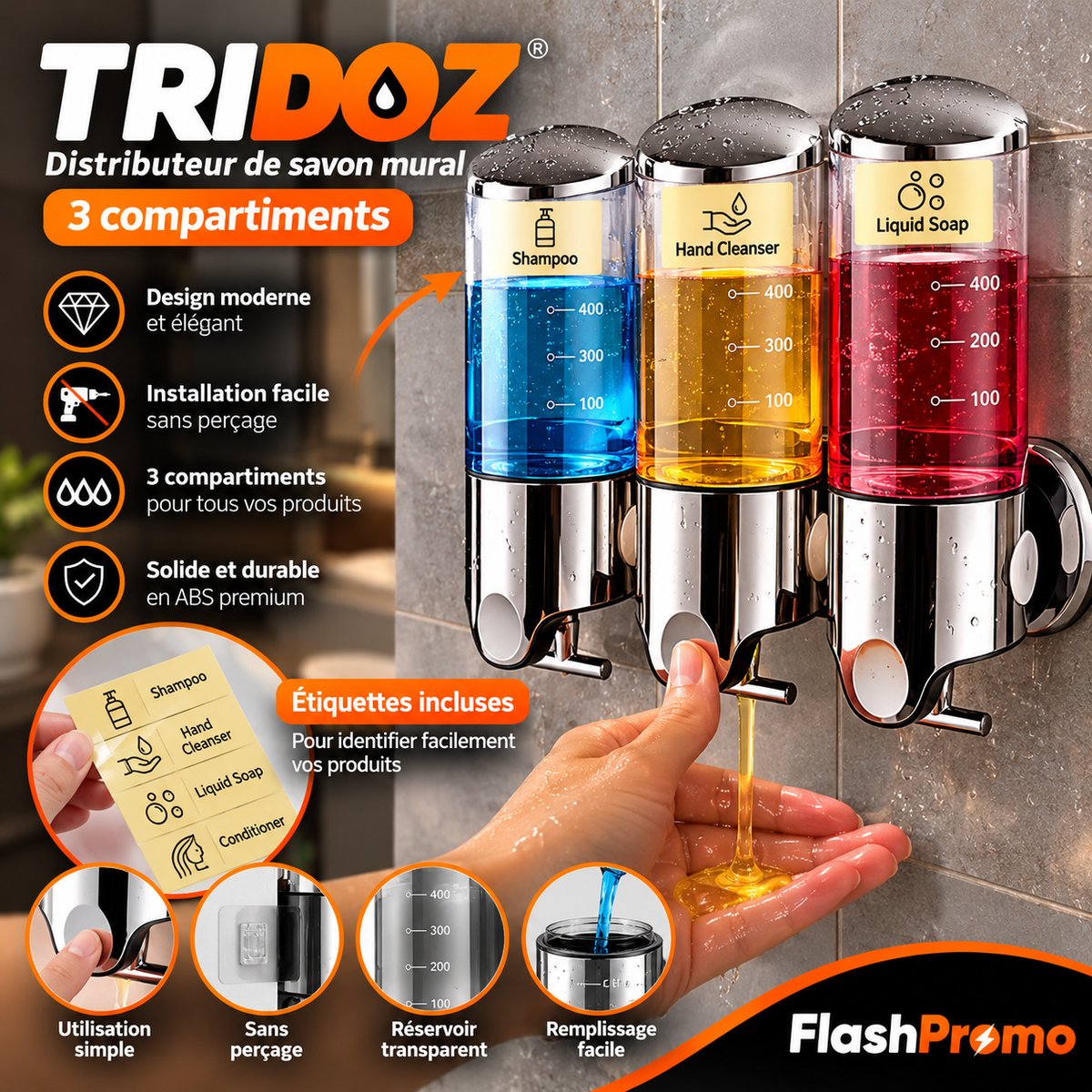TriDoz™ – Distributeur de Savon Mural 3 Compartiments (3 × 500 ml)