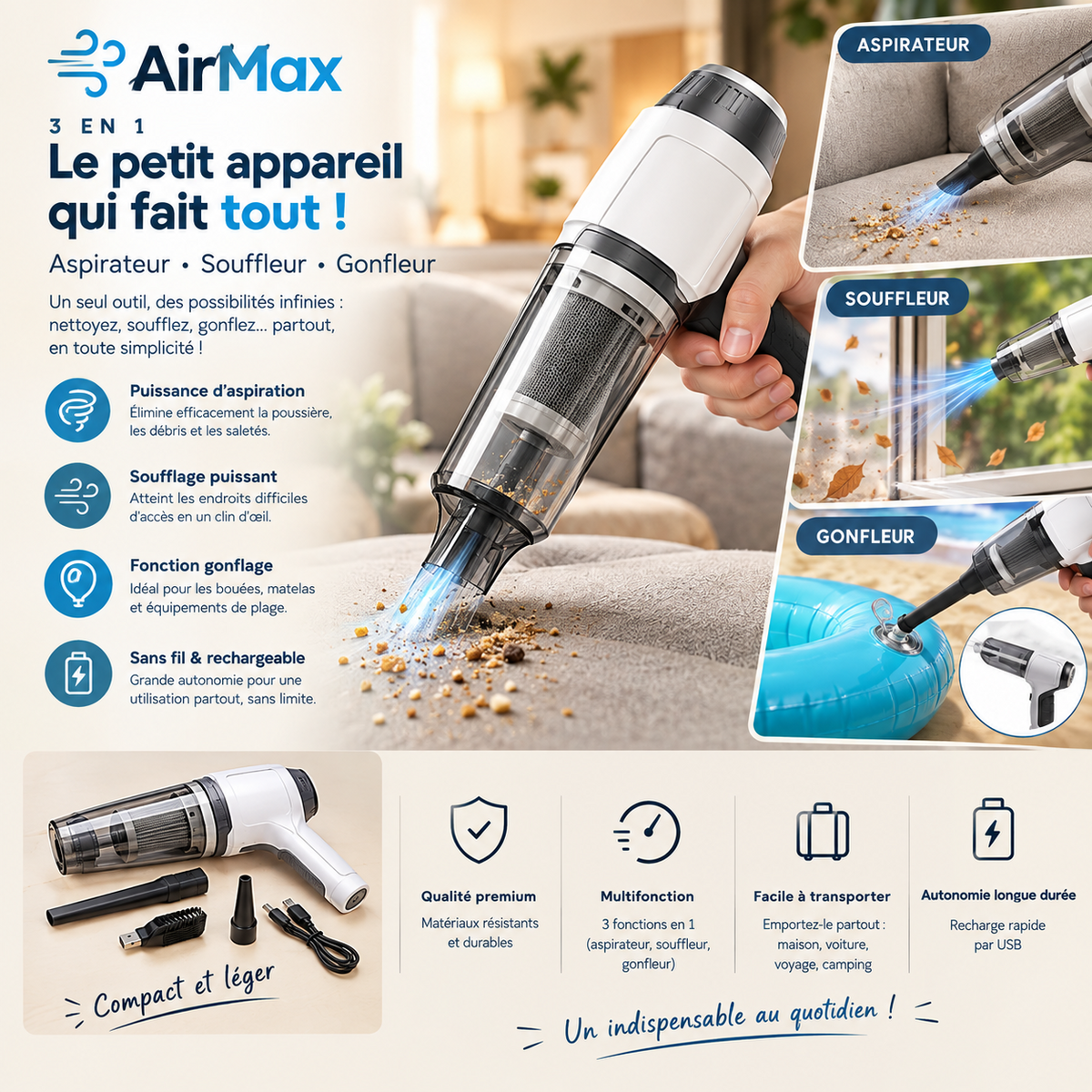 Pistolet 3-en-1 Aspirateur-Souffleur et Gonfleur