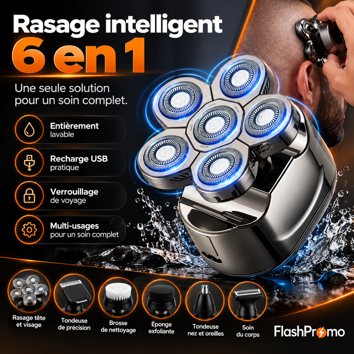 Tondeuse & Rasoir électrique rechargeable pour tête, visage et corps 6-en-1