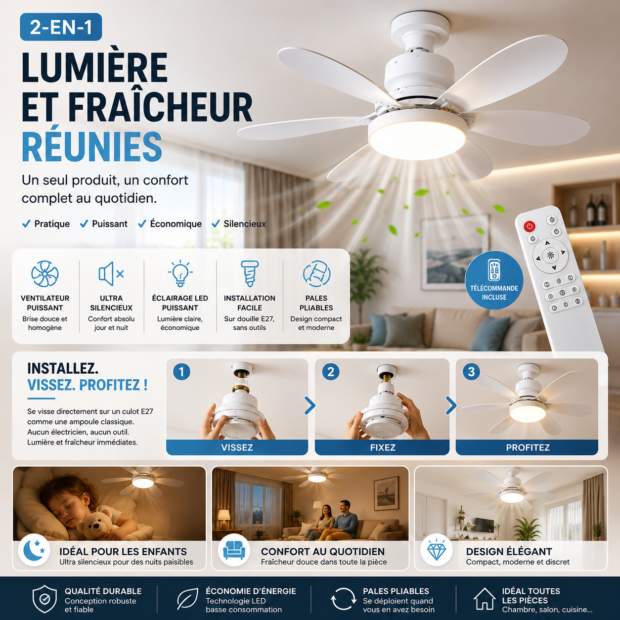 Ventilateur de Plafond LED 2-en-1 | Silencieux & Économique