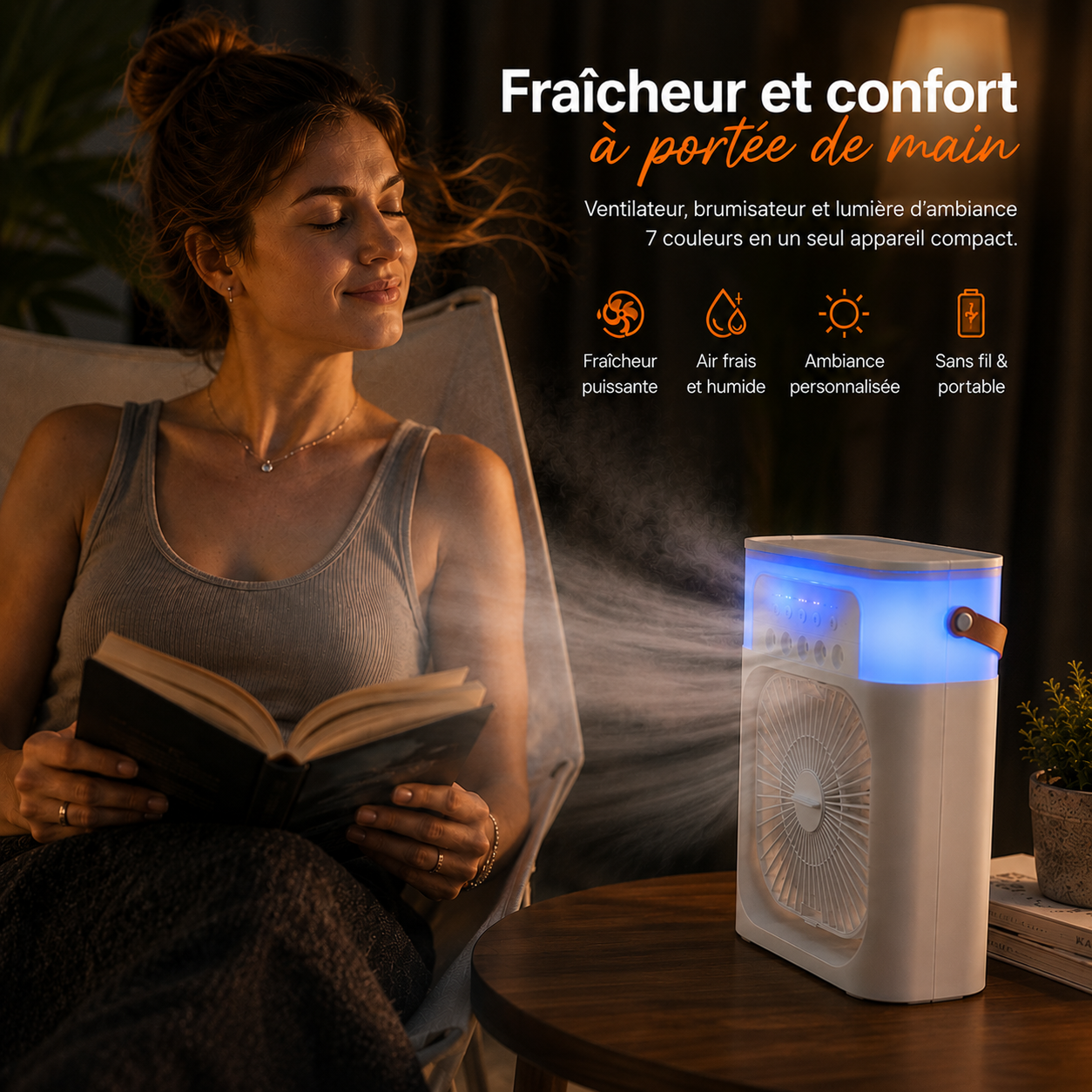 Ventilateur de climatisation USB portable avec 5 pulvérisations, 7 lumières colorées